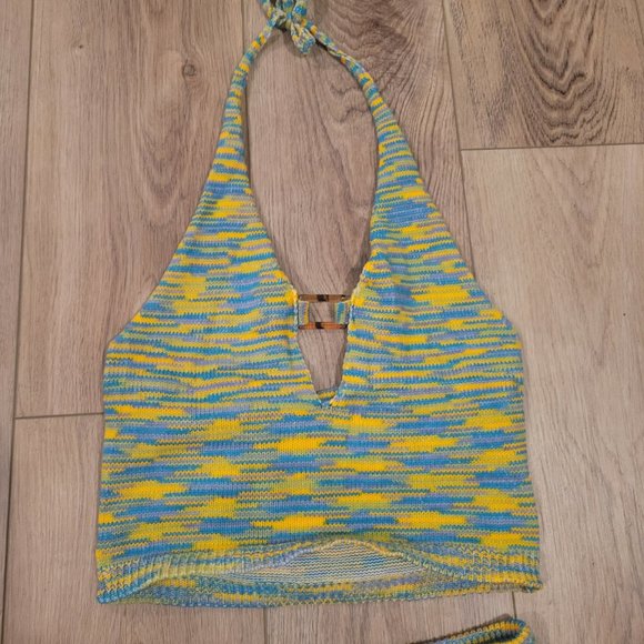 Blue and Yellow High Waist Halter Top Knit Two Piece Set - Picture 1 of 3